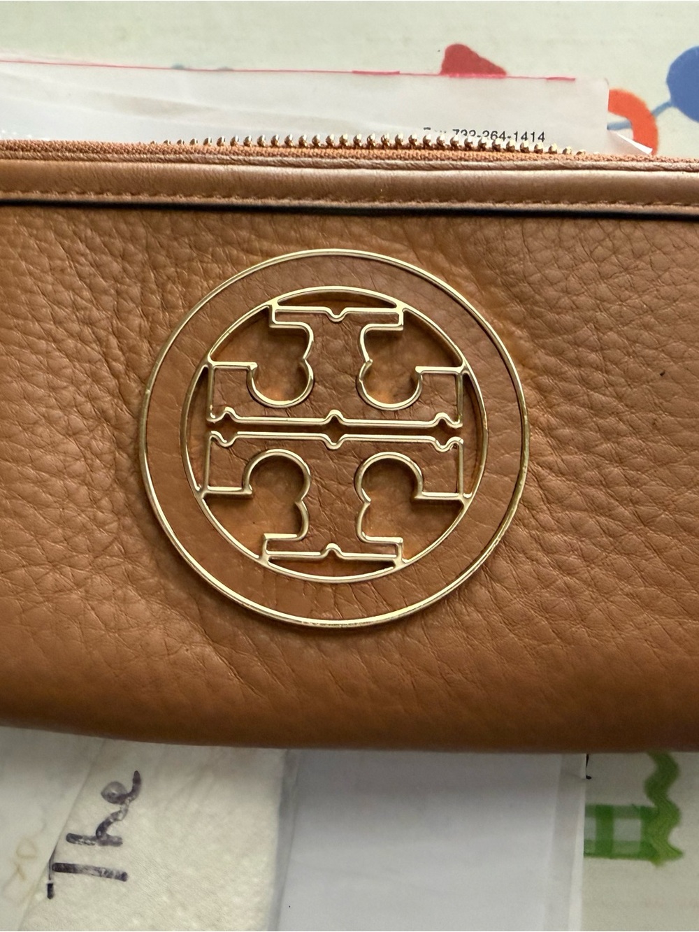 Tory Burch Leather Zip Pouch in Cognac Brown with Gold Logo